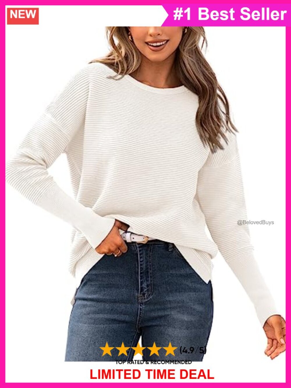 Womens Ribbed Knit Long Sleeve Sweater Loose Fit Crew Neck Pullover